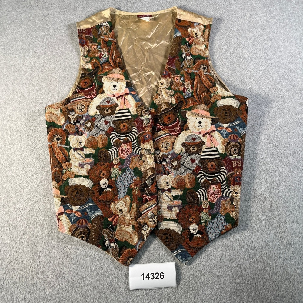 Vintage Mustang Tapestry Vest Womens 2X Multicolor Teddy Bear Patchwork V Neck